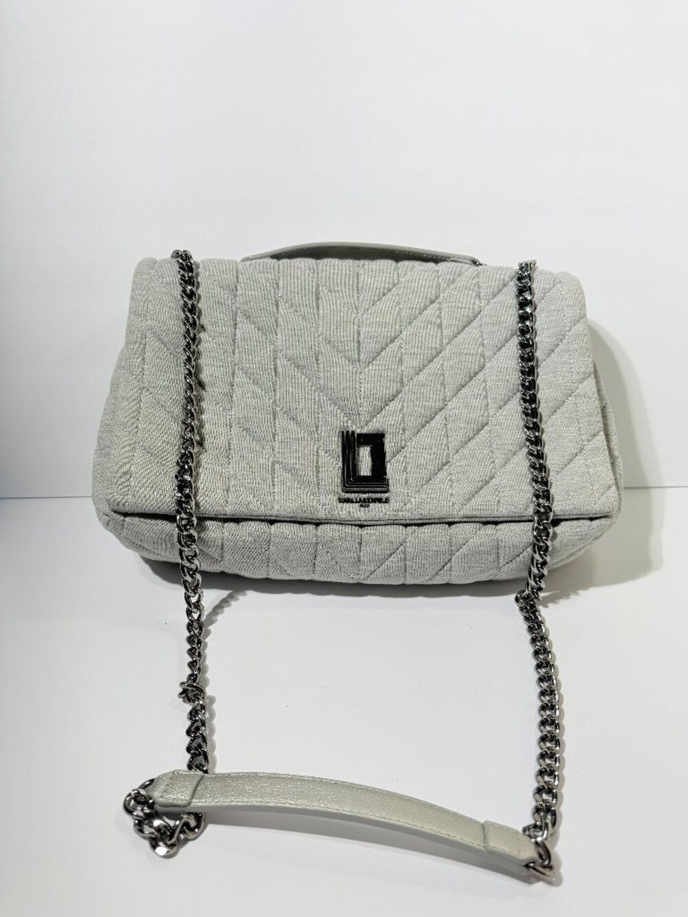 Karl Lagerfeld Paris Light Gray Quilted Chevron Chain Shoulder Bag Purse